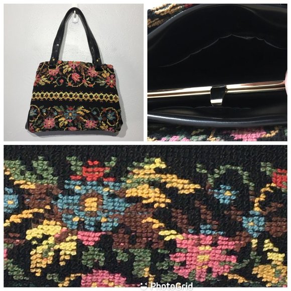 Vintage Handbags - Vintage 50s 60s Needlepoint Tapestry Carpet Bag Black Colorful Floral Purse